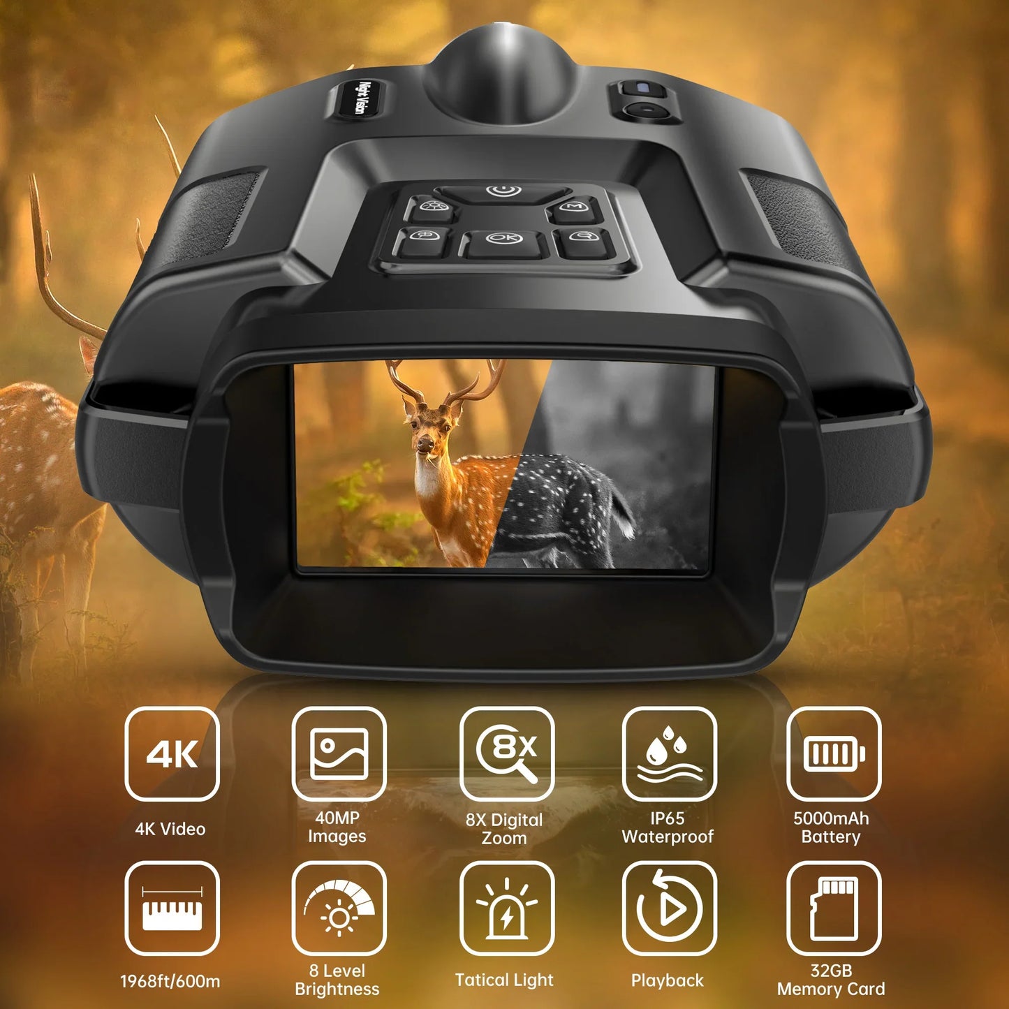 4K Night Vision Binoculars with 8X Digital Zoom – 5000mAh Rechargeable Infrared Goggles for Hunting & Surveillance