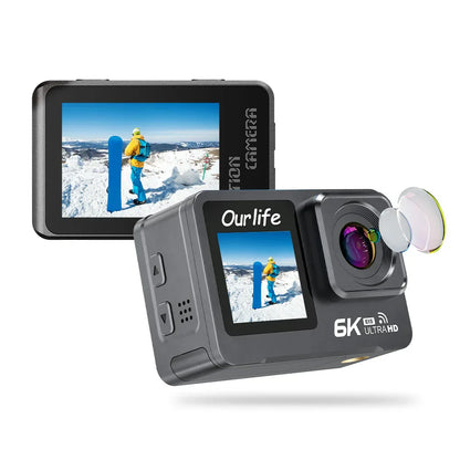 6K 4K60FPS Action Camera – 50MP Dual Screen, 2.0" Touch LCD, EIS, WiFi, 170° Lens, 30M Waterproof, 5X Zoom with Remote