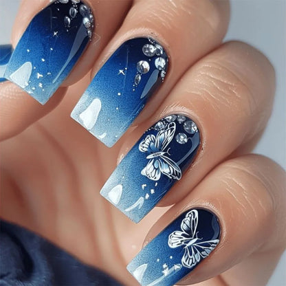 24pcs Blue Golden Stripe Press-On Nails Shiny Powder Long Square Full Cover False Nail Tips Wearable Love Design