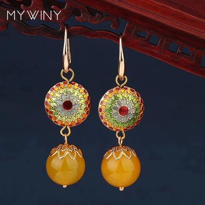 Vintage Flower Drop Earrings - Natural Stone Ethnic Jewelry for Women