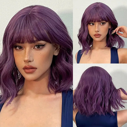 Women’s Grey Wavy Bob Wig with Bangs — Short Blonde Ombre Synthetic Hair with Dark Roots for Daily Wear