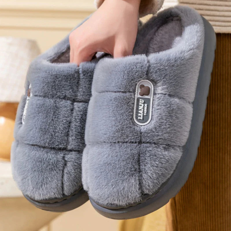Large Size 50-51 Winter Slippers — Thick Sole Indoor Cotton Slippers for Men & Women, Warm Non-Slip Platform Shoes
