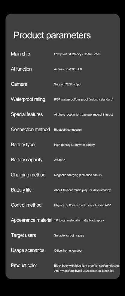 Smart AI Glasses — Video Recording, Photo Recognition, Translation, Bluetooth with 260mAh Battery, IP65 Waterproof