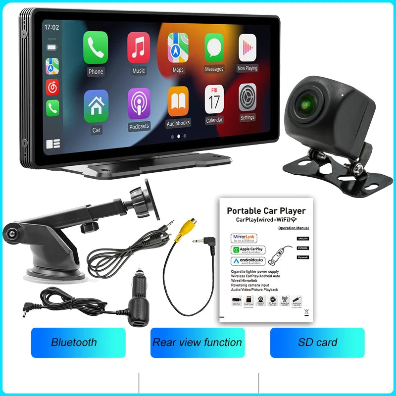 BQCC 10.26-Inch Portable Wireless CarPlay Screen – HD Rearview Camera, Car Radio DVR, MP5 Multimedia Player, Android Auto