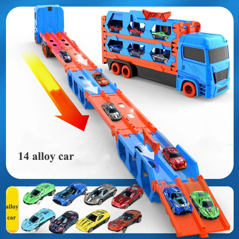 Large Car Transporter Truck with Folding Track - Alloy Racing Vehicle Storage, Competitive Games for Boys, Novel Children's Gift