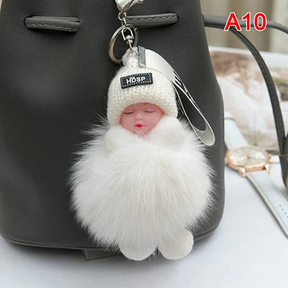Cute Pompom Sleeping Baby Keychain - Fluffy Plush Doll Bag Charm, Key Ring & Gift for Women and Girls