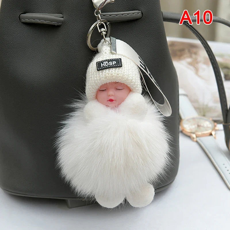 Pompom Sleeping Baby Keychain - Fluffy Plush Doll Keyring for Bags, Cars & Gift Decoration