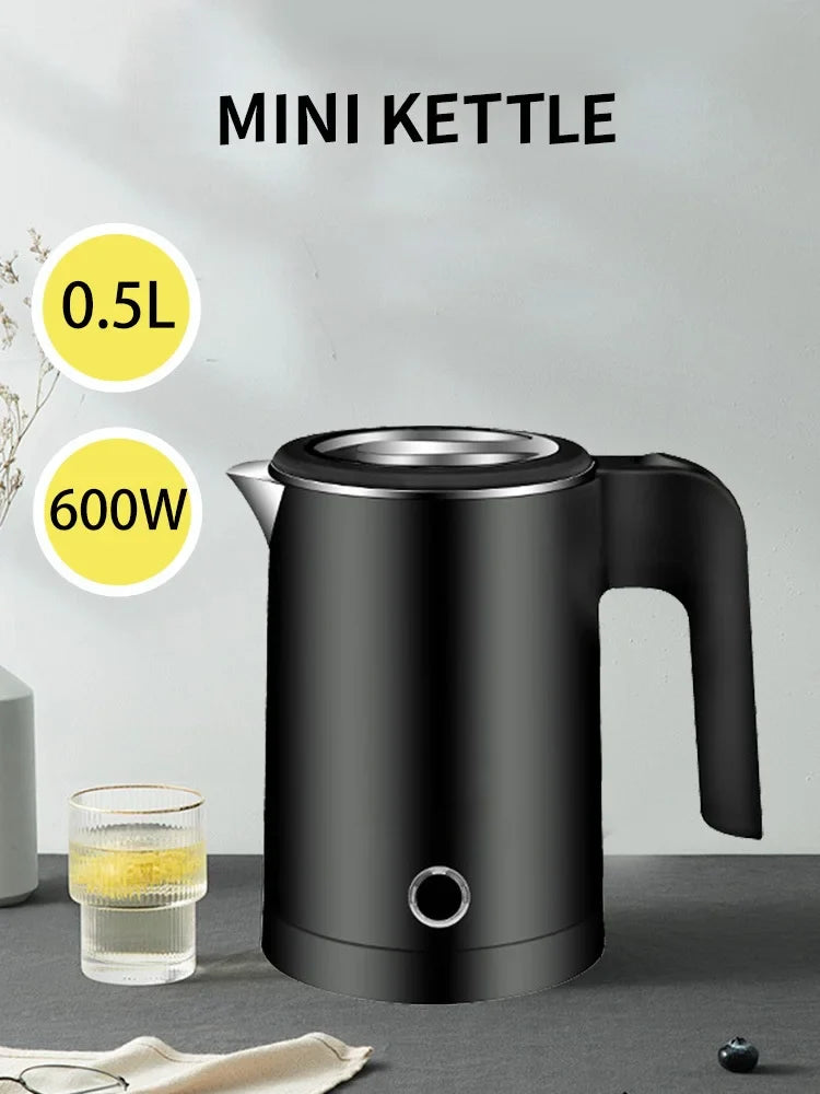 500ML Stainless Steel Portable Electric Kettle — Travel Water Boiler Pot for Hotel, Home, Kitchen, Tea, and Coffee
