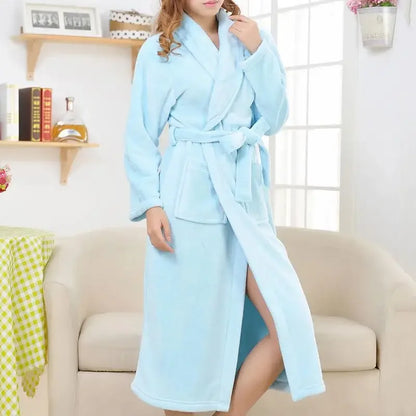 Coral Fleece Long Robe Kimono – Warm Flannel Winter Bathrobe, Casual Sleepwear & Homewear