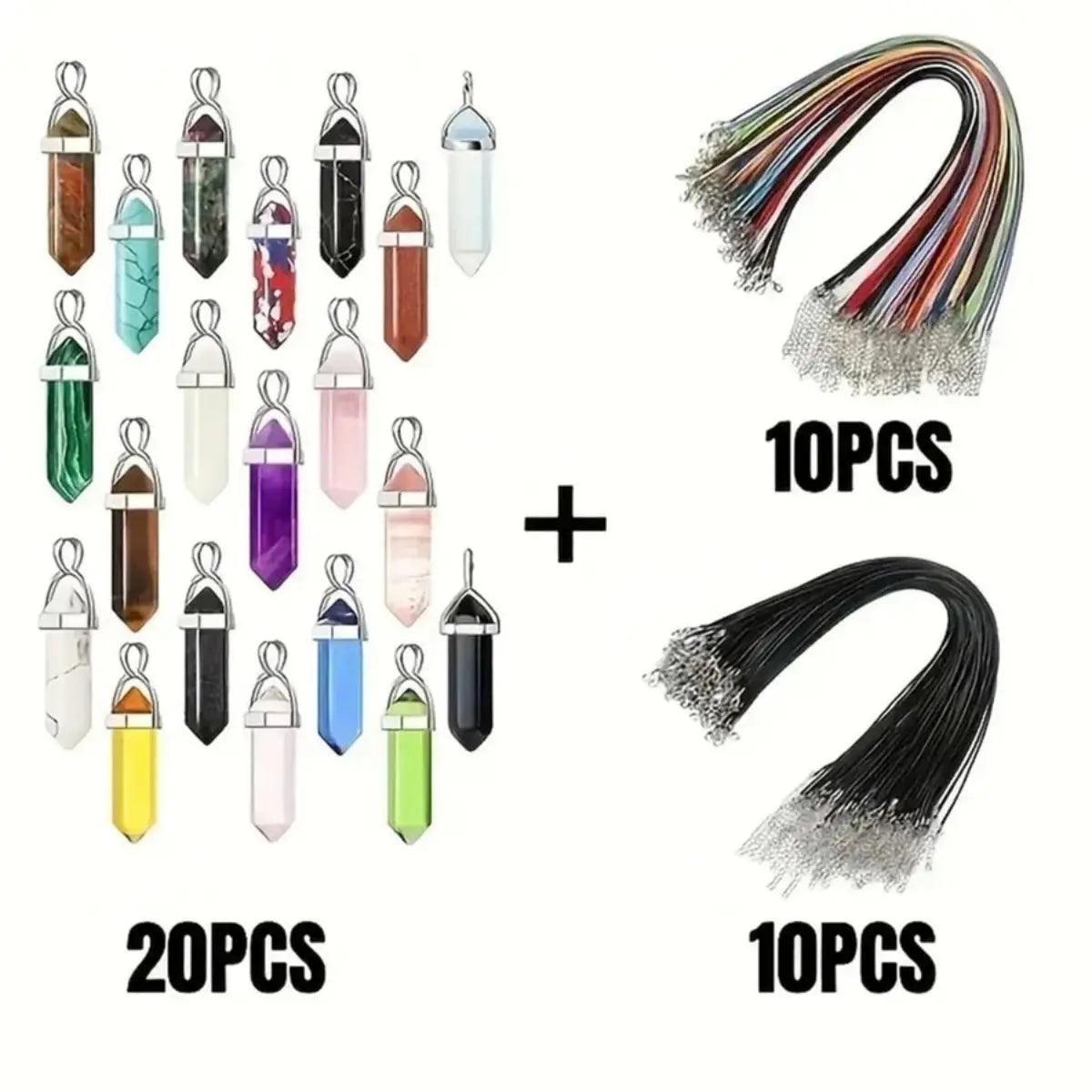 40/30PCS Hexagonal Chakra Crystal Pendant Set – Synthetic Quartz Points with Leather Necklace Chain & Storage Bag