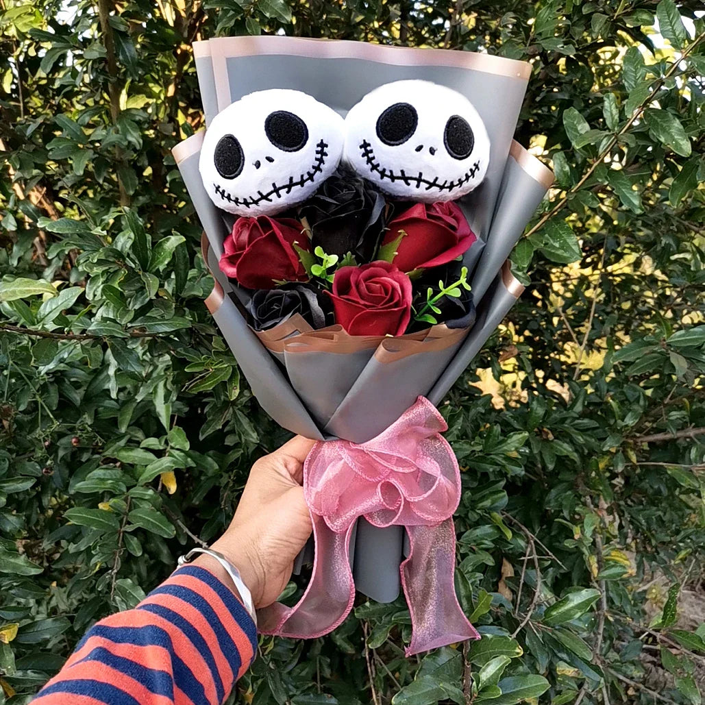 Halloween Jack Skellington Plush Bouquet – Doll Toy with Soap Rose Flower, Terror Skull & Ghost for Christmas & Valentine’s Day Gifts