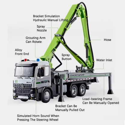 1:24 Electric Flatbed Cement Pump Truck Model — Diecast Alloy Toy with Sound & Light, Doors Open, Gift for Boys