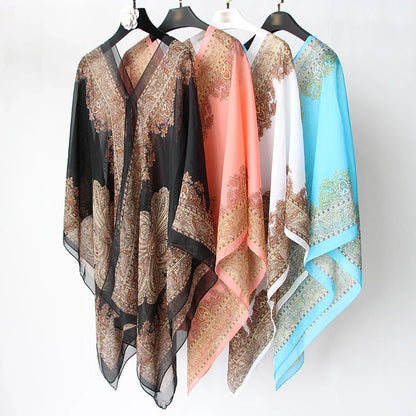 Women’s Summer Beach Shawl – Loose Chiffon Bikini Cover-Up Blouse with Buttons Sun Protection Scarf