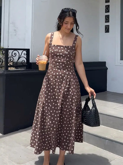 Elegant Women’s Polka Dot Maxi Dress – Chic Sleeveless Round Neck High Waist Slim Fit Vestido for Party & Street, 2025 New