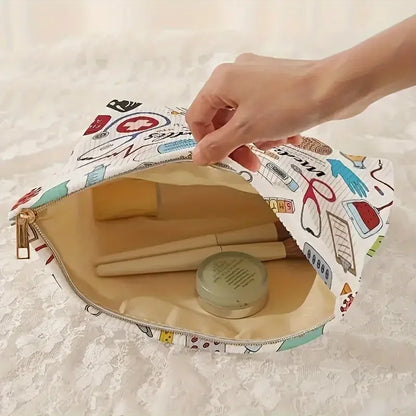 Medical Graffiti Corduroy Makeup Bag – Lightweight Zipper Storage Pouch with Lining