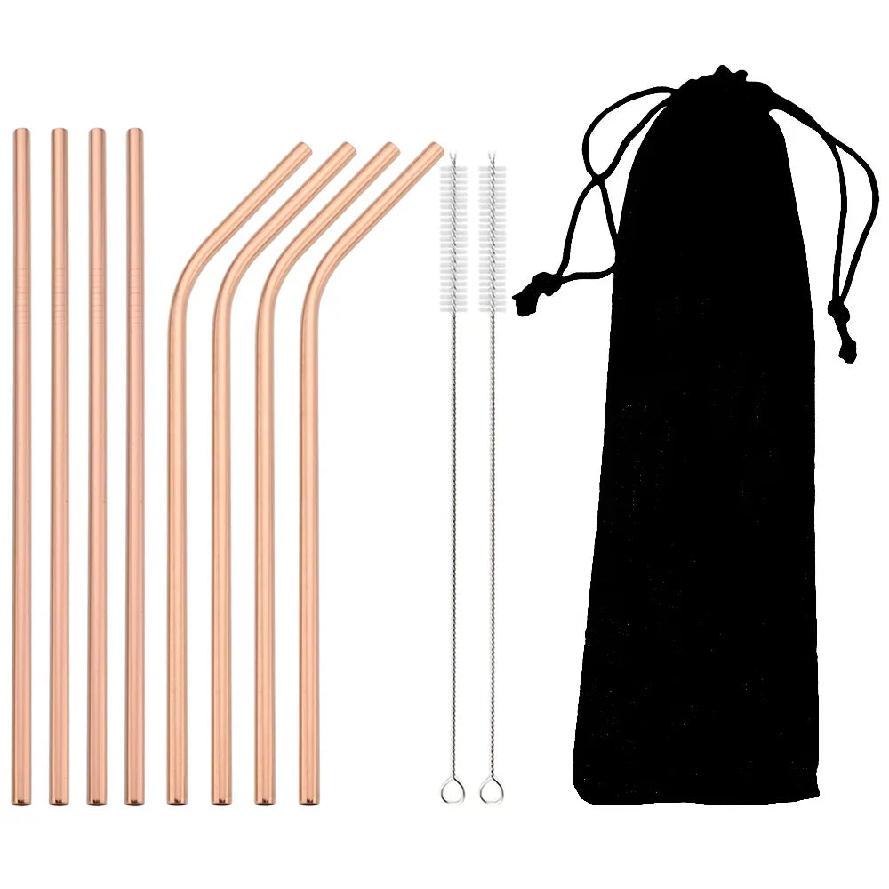 Colorful 304 Stainless Steel Reusable Straws Set — Metal Drinking Straws with Cleaning Brush for Cocktails & Glasses