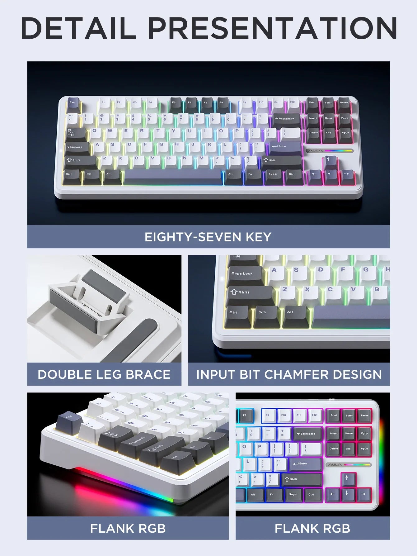 AULA F87 Pro Tri-Mode Mechanical Gaming Keyboard – Wired, 2.4G Wireless, Bluetooth, 87-Key RGB Hot-Swappable PBT, 8000mAh