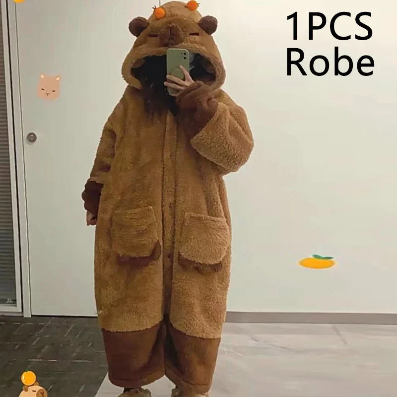 Winter Capybara Cosplay Costume - Adult Kigurumi Unicorn Onesie, Anime Nightgown, Halloween Cartoon Pajamas & Sleepwear