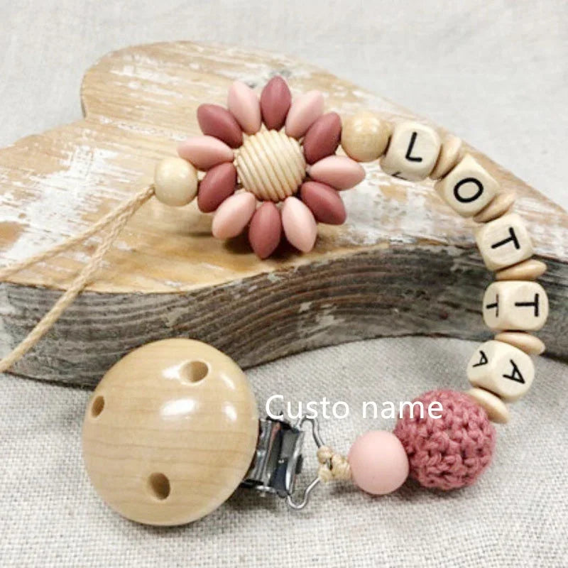 DIY Custom Name Silicone Beads & Wooden Ring Pacifier Clip – Safe Baby Teether, Eco-Friendly Dummy Chain Gift