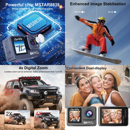6K 4K60FPS Action Camera – 50MP Dual Screen, 2.0" Touch LCD, EIS, WiFi, 170° Lens, 30M Waterproof, 5X Zoom with Remote
