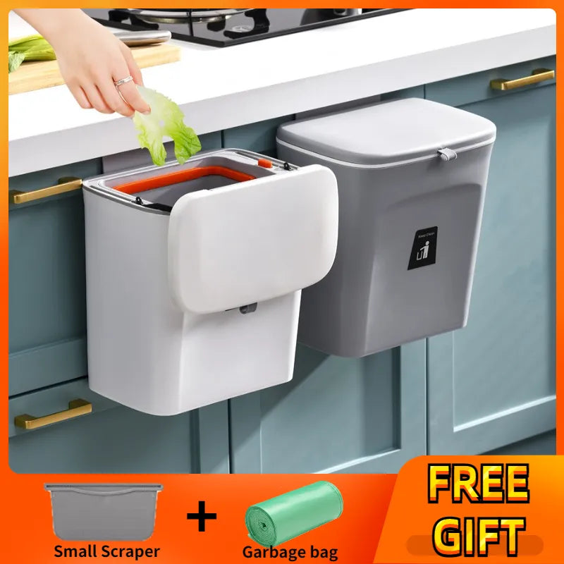JYPS 7/9L Large Capacity Hanging Trash Can - Wall Mounted Kitchen Recycling Bin with Lid, Ideal for Bathroom and Kitchen Use