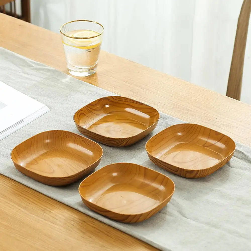 10-Piece Japanese-Style Plastic Dish Set – Multifunctional Wood-Grain Imitation Bowls, Food-Grade Fruit & Household Plates