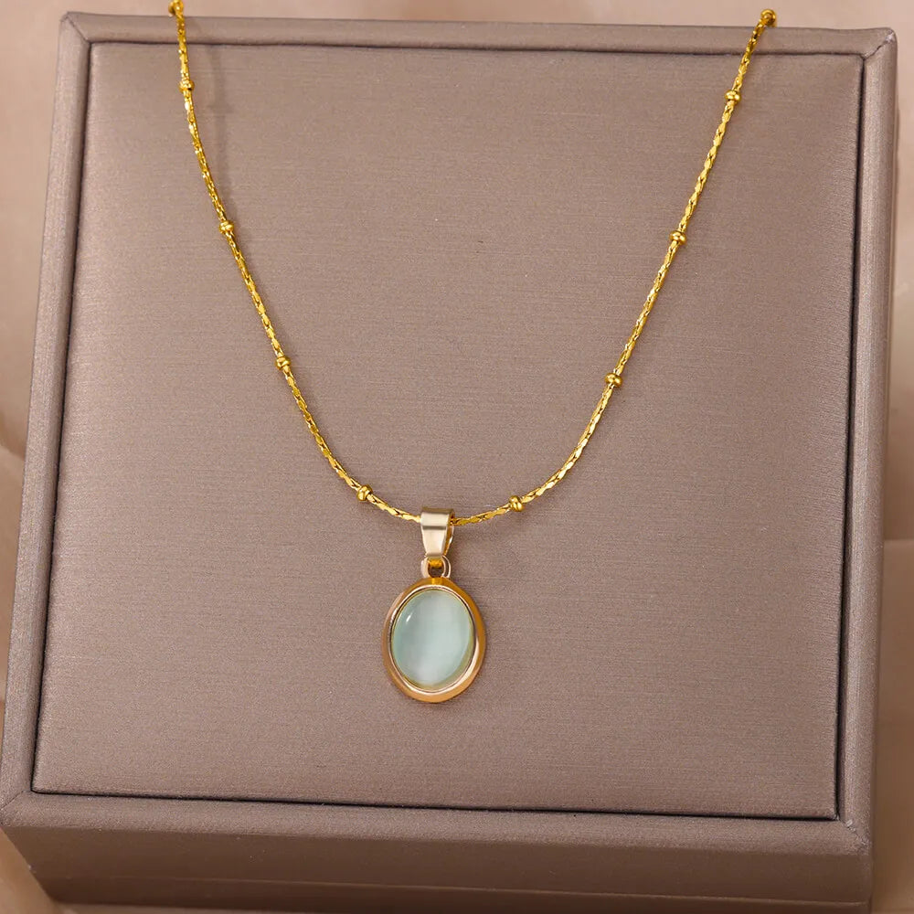 Fashion Opal Oval Necklace for Women – Gold Stainless Steel Pendant, Aesthetic Wedding Jewelry Gift