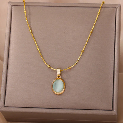 Fashion Opal Oval Necklace for Women – Gold Stainless Steel Pendant, Aesthetic Wedding Jewelry Gift