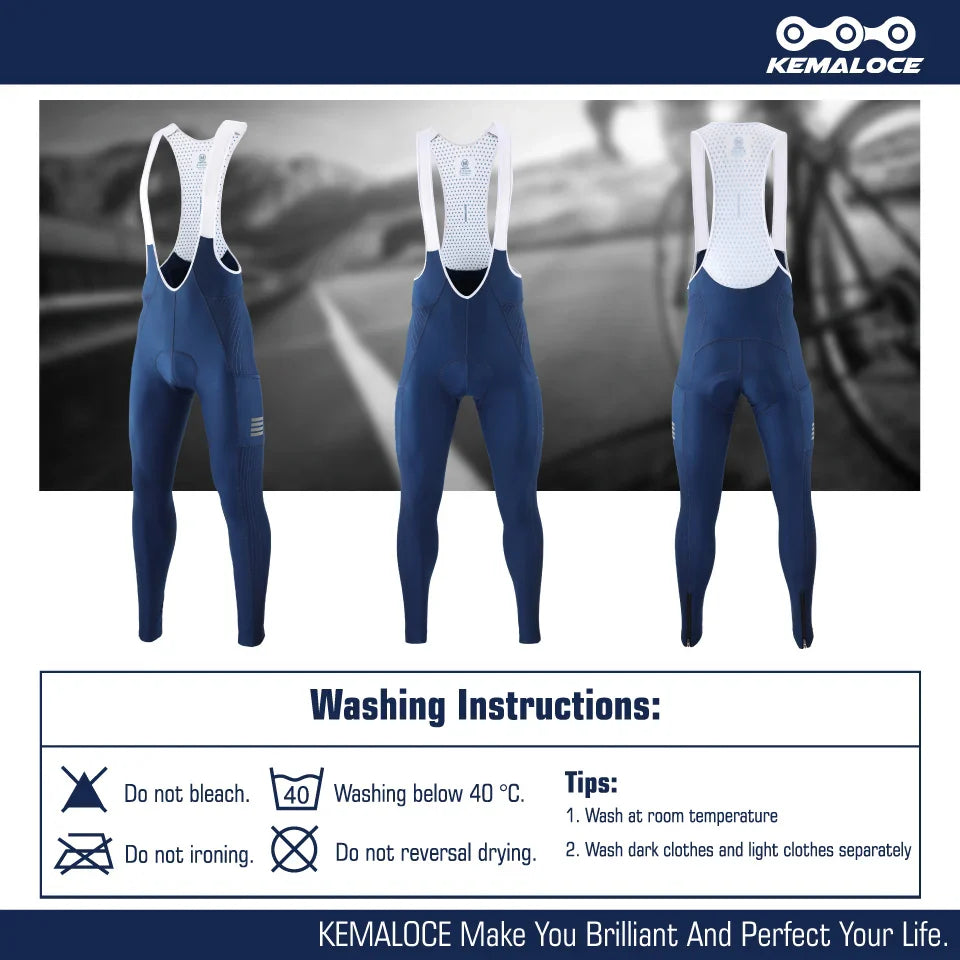 KEMALOCE Men's Cycling Long Pants, Autumn Blue & Grey, Gel Pad, Reflective Bike Bib, Breathable Bicycle Trousers with Rear Pocket