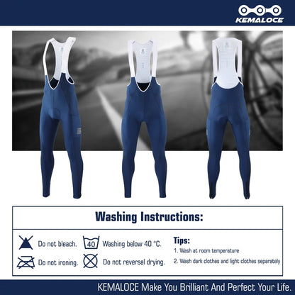 KEMALOCE Men's Cycling Long Pants, Autumn Blue & Grey, Gel Pad, Reflective Bike Bib, Breathable Bicycle Trousers with Rear Pocket