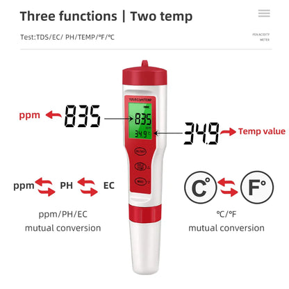 Waterproof PH Meter - PH/TDS/EC/Temp Digital Water Quality Monitor with Backlight for Pools, Drinking Water & Aquariums