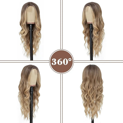 26-Inch Synthetic Ombre Blonde Wavy Wig for Women — Long Middle Part Curly Heat-Resistant Hair Fiber