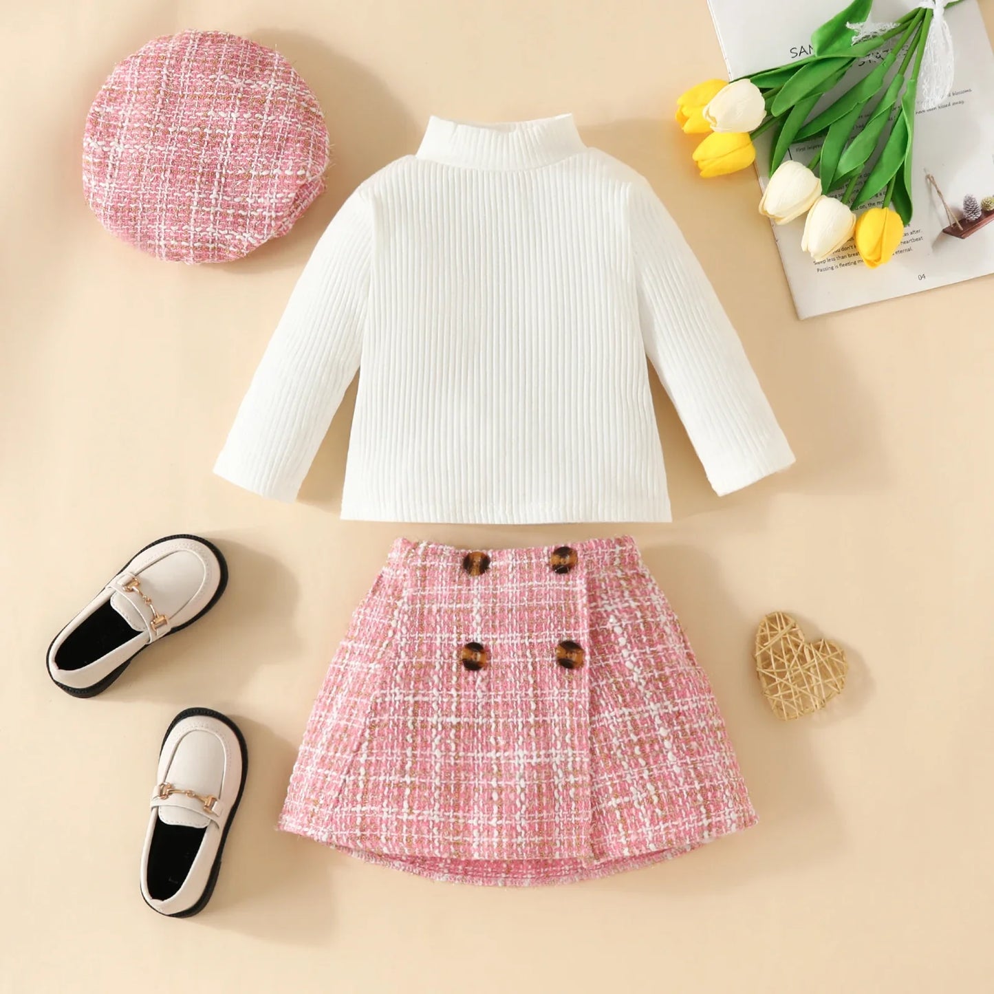 ma&baby Toddler Girls Clothes Set – Knit Long Sleeve Top, Plaid Skirt & Hat, 6M-3Y Fall & Spring Outfit