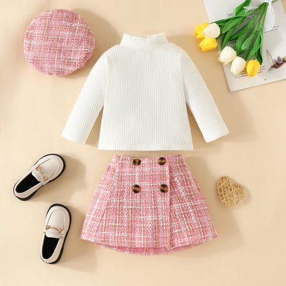 ma&baby Toddler Girls Clothes Set – Knit Long Sleeve Top, Plaid Skirt & Hat, 6M-3Y Fall & Spring Outfit