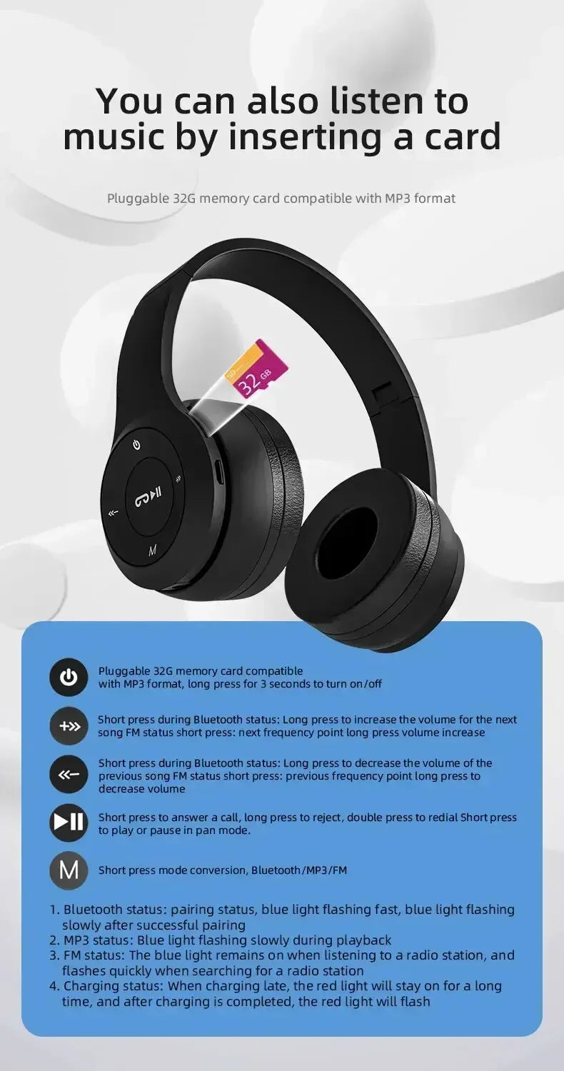 2025 New Stereo P47 Bluetooth Headset – Wireless 5.0 Sports Gaming Headset, Folding Design for iPhone & Xiaomi