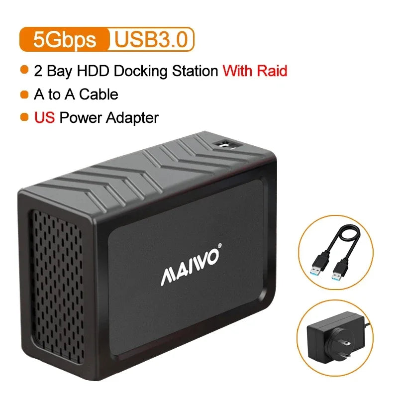 MAIWO 3.5 Inch HDD Case – Dual Bay SATA RAID Storage Enclosure & Docking Station for 2.5/3.5 Inch External Hard Drives