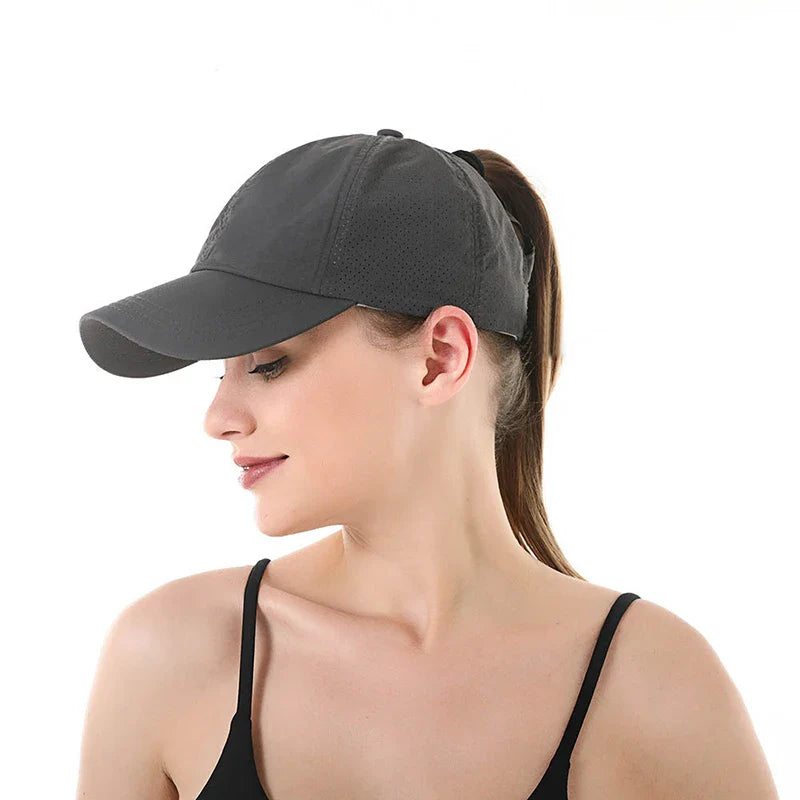 Summer Solid Color Baseball Cap – Quick-Drying Mesh Golf & Sports Hat for Women, Cross Ponytail Design, Men's Peaked Cap