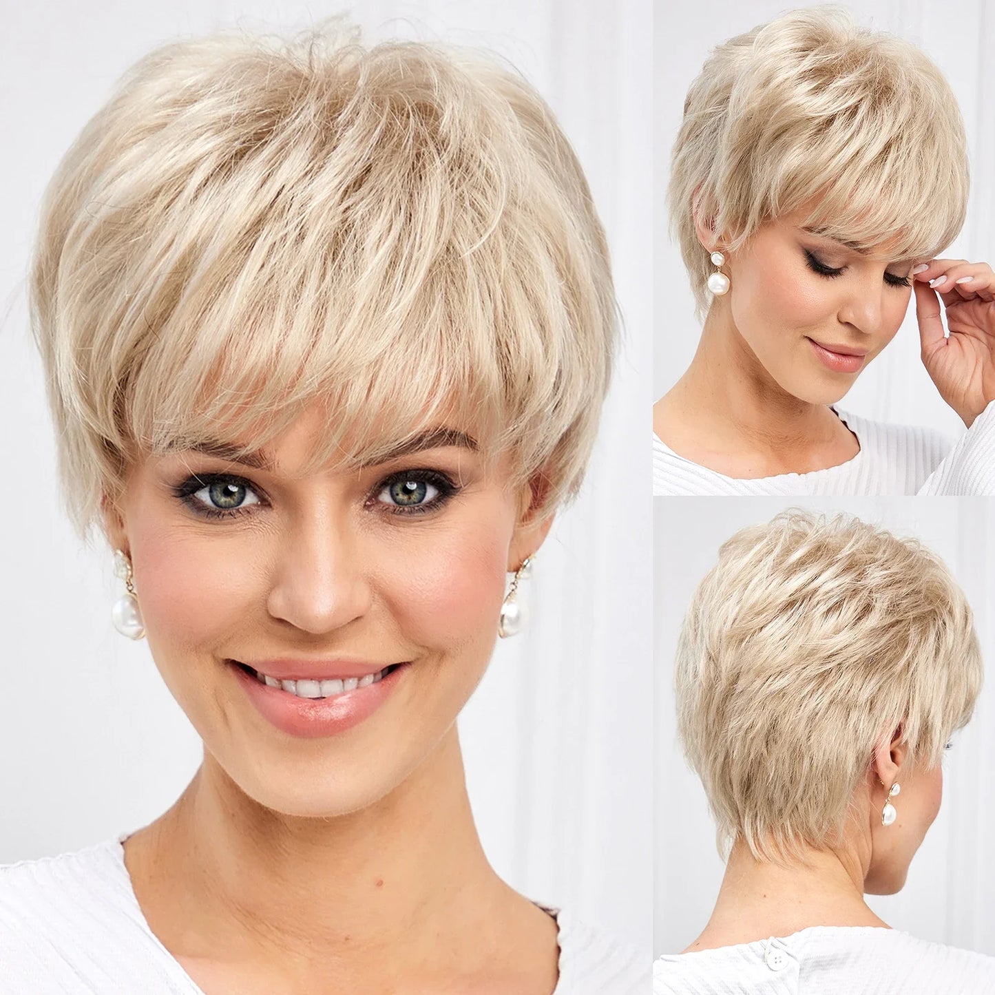 Light Blonde Mixed Off-White Pixie Cut Wig for Women – Bangs with Kanekalon Human-Hair-Like Texture, Natural Layered Hair