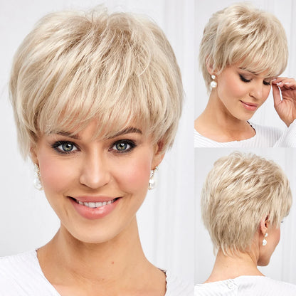 Light Blonde Mixed Off-White Pixie Cut Wig for Women – Bangs with Kanekalon Human-Hair-Like Texture, Natural Layered Hair