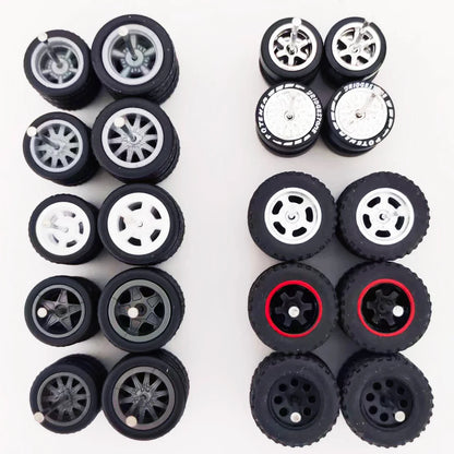 1:64 Alloy Car Wheels & Rubber Tires Set - Replacement Axles for Hot Wheels, Matchbox & Model Cars