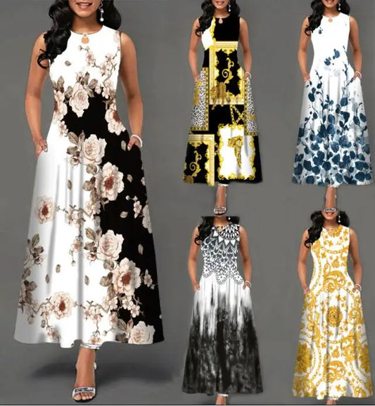 Women’s Loose Floral Vintage Maxi Dress – Ruffled Hole Summer Camis Big Size Elegant Party Dress