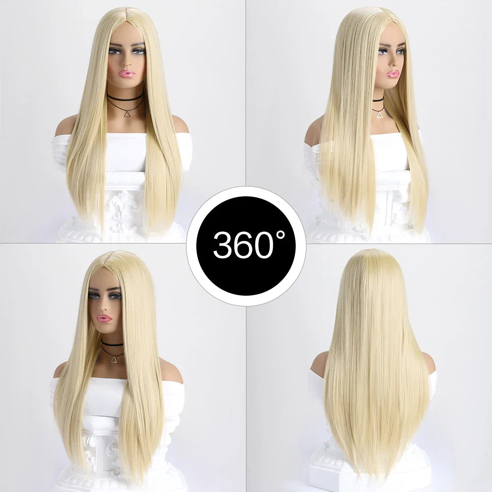 26-Inch Long Straight Wig with Mid Bangs – Black Ombre Heat-Resistant Wig for Women, Daily Wear, Cosplay & Halloween