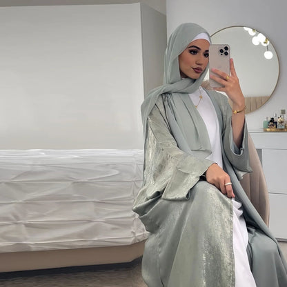 Women’s Shiny Satin Open Kimono Abaya – Luxury Dubai Ramadan Muslim Kaftan Dress