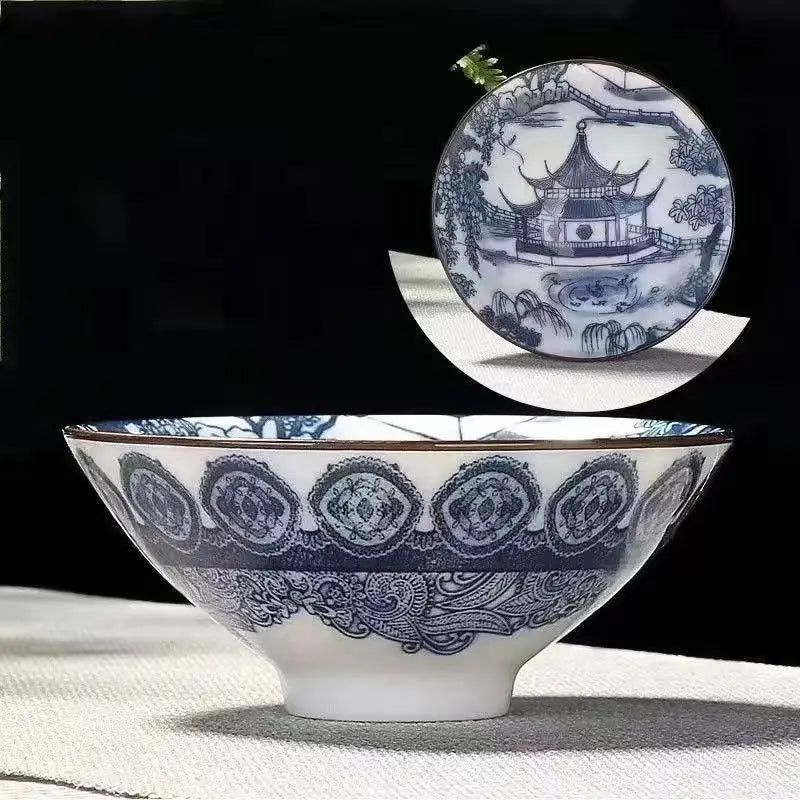 70ML Handmade Blue & White Porcelain Tea Cup – Dragon, Phoenix & Fish Pavilion Design for Chinese Kungfu Tea Ceremony