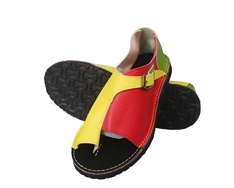 Women’s Retro Summer Sandals 2025 – PU Leather Peep Toe Flat Beach Slippers with Buckle Strap, Casual Comfort Shoes