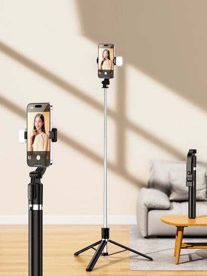 170cm/67in Selfie Stick Tripod – Extendable Aluminum Stand with Fill Light & Bluetooth Remote, Compatible with iPhone & Android
