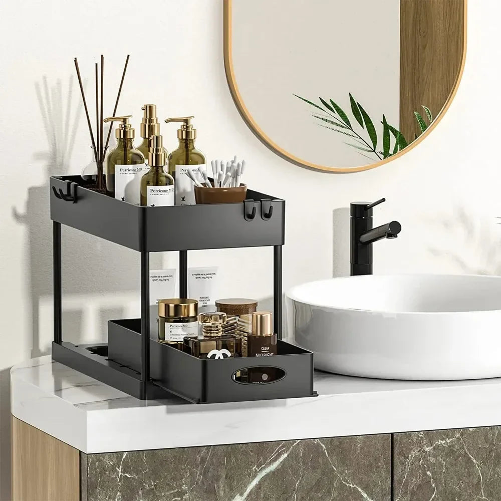 2-Tier Under Sink Sliding Cabinet Organizer — Basket Storage Rack with Hooks for Bathroom & Kitchen