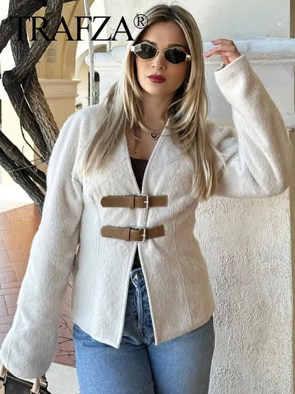 TRAFZA Women’s Retro Leather Buckle Woolen Coat – Fashion Solid V-Neck Beige Jacket, Autumn Spring Streetwear