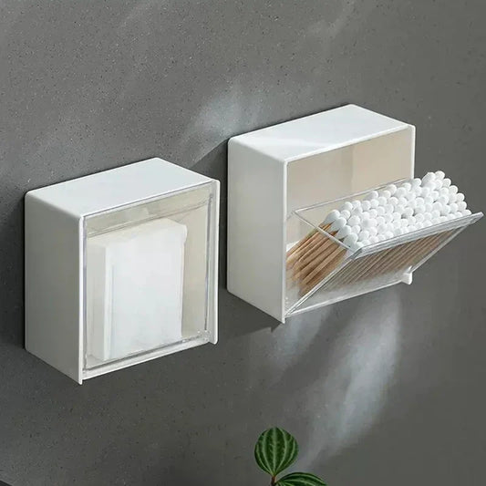 Wall-Mounted Plastic Storage Boxes - Dustproof Bathroom Organizer for Cotton Swabs, Makeup, Small Jewelry, Adhesive Holder Box