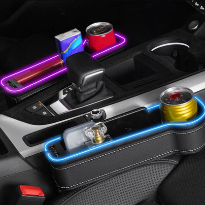 Car Crevice Storage Box with 2 USB Charger – LED Seat Gap Organizer, Phone, Bottle, and Cup Holder